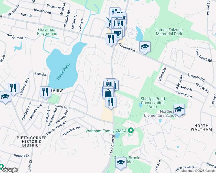 map of restaurants, bars, coffee shops, grocery stores, and more near 900 Lexington Street in Waltham
