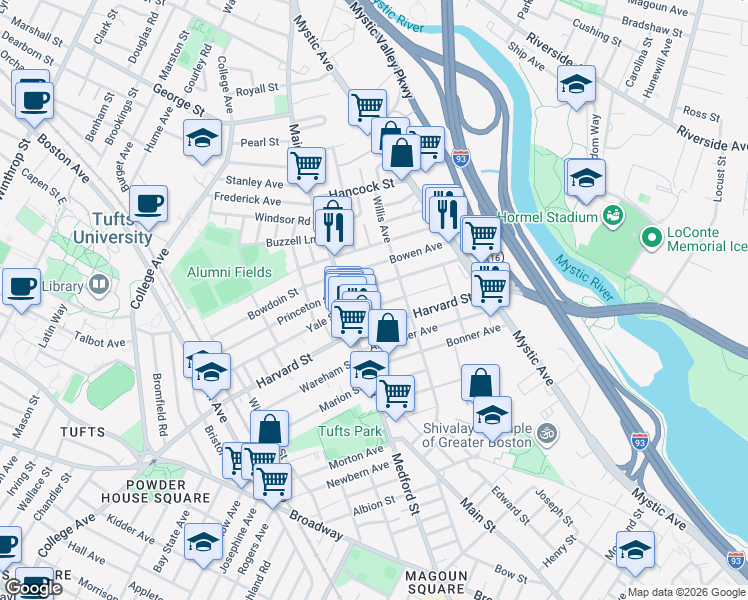 map of restaurants, bars, coffee shops, grocery stores, and more near 19 Golden Avenue in Medford