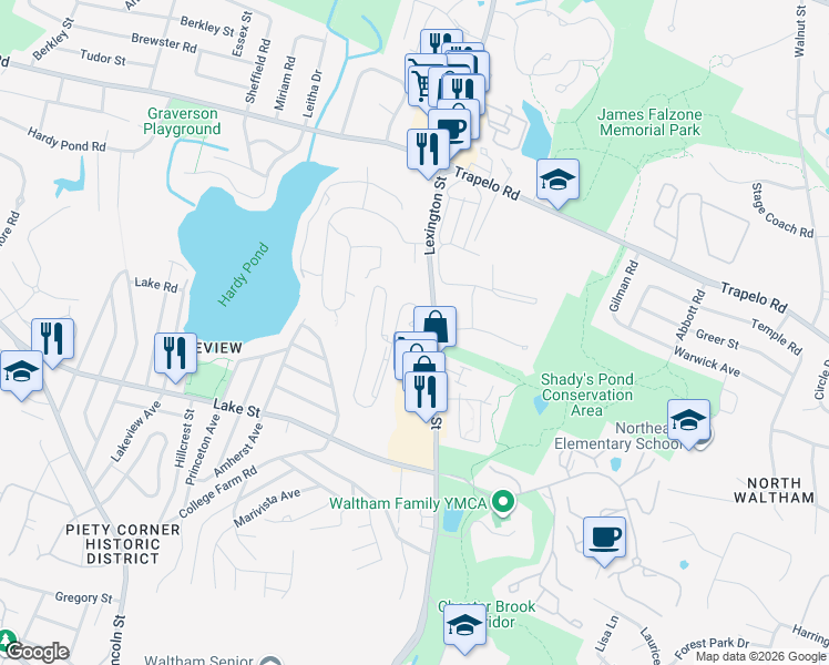 map of restaurants, bars, coffee shops, grocery stores, and more near 900 Lexington Street in Waltham