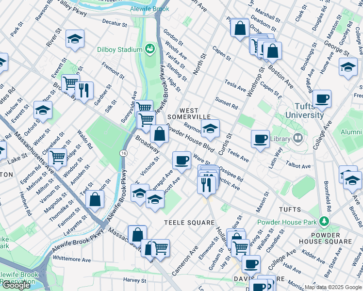 map of restaurants, bars, coffee shops, grocery stores, and more near 41 Belknap Street in Somerville