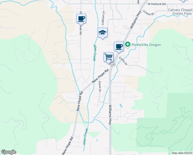 map of restaurants, bars, coffee shops, grocery stores, and more near 2628 New Hope Road in Grants Pass