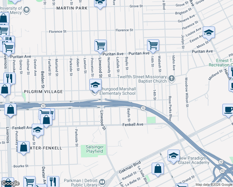 map of restaurants, bars, coffee shops, grocery stores, and more near 15575 LaSalle Street in Detroit