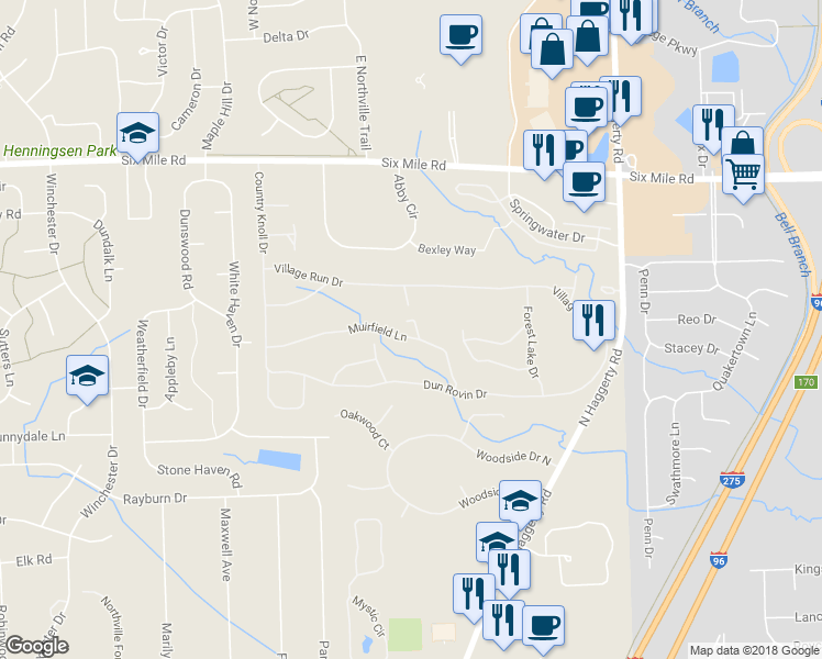 map of restaurants, bars, coffee shops, grocery stores, and more near 39597 Greenbrier Court in Northville
