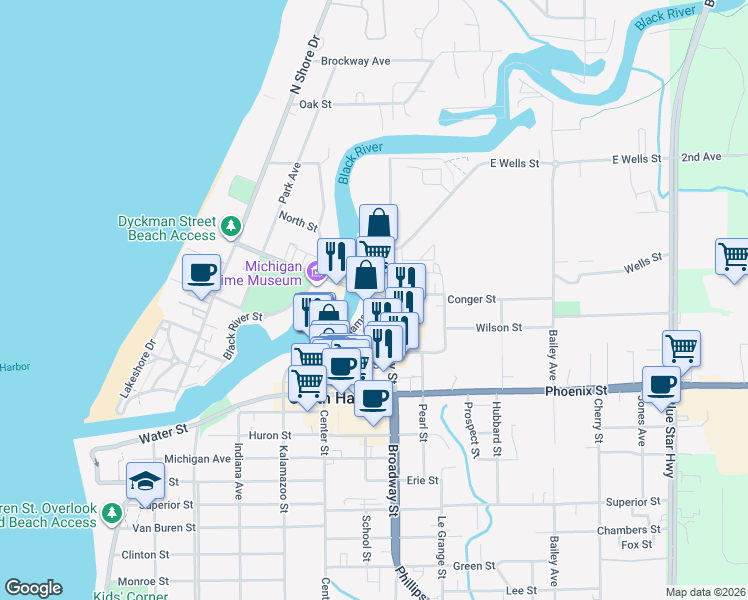 map of restaurants, bars, coffee shops, grocery stores, and more near 528 Dyckman Avenue in South Haven