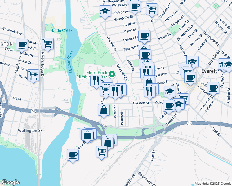 map of restaurants, bars, coffee shops, grocery stores, and more near 5 Air Force Road in Everett