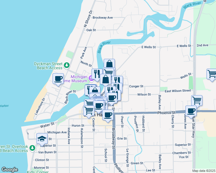 map of restaurants, bars, coffee shops, grocery stores, and more near 528 Dyckman Avenue in South Haven