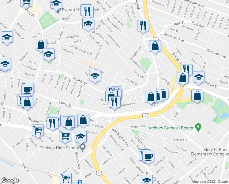 map of restaurants, bars, coffee shops, grocery stores, and more near 20 Eustis Street in Chelsea