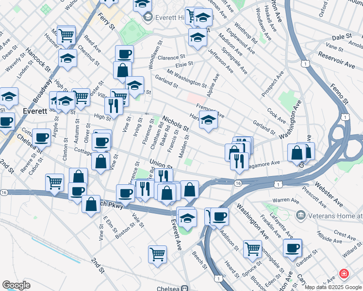 map of restaurants, bars, coffee shops, grocery stores, and more near 113 Malden Street in Everett