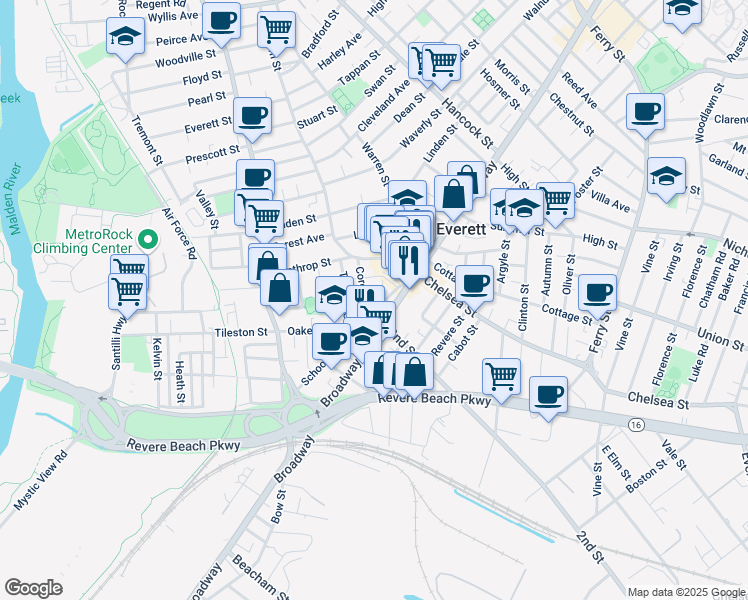 map of restaurants, bars, coffee shops, grocery stores, and more near 38 Corey Street in Everett