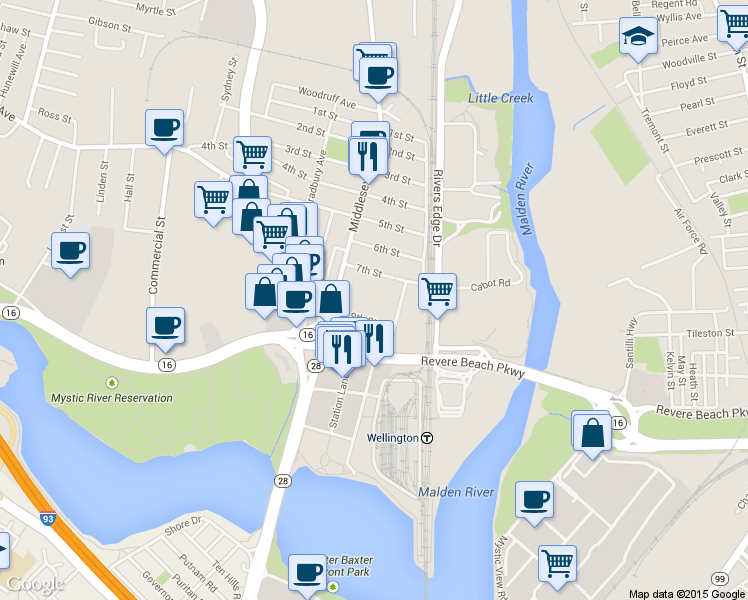 map of restaurants, bars, coffee shops, grocery stores, and more near 22 7th Street in Medford