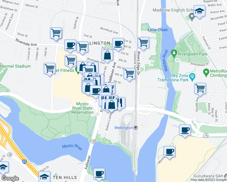 map of restaurants, bars, coffee shops, grocery stores, and more near 135 Middlesex Avenue in Medford