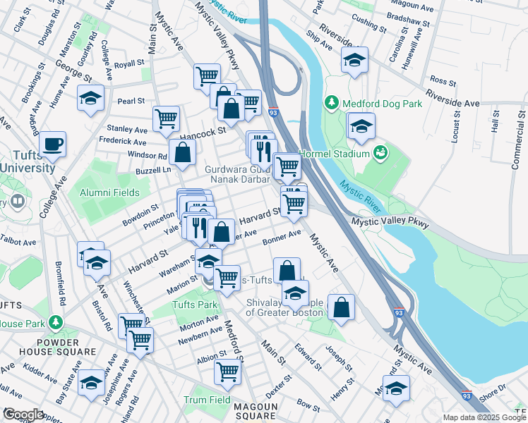map of restaurants, bars, coffee shops, grocery stores, and more near 91 Wright Avenue in Medford