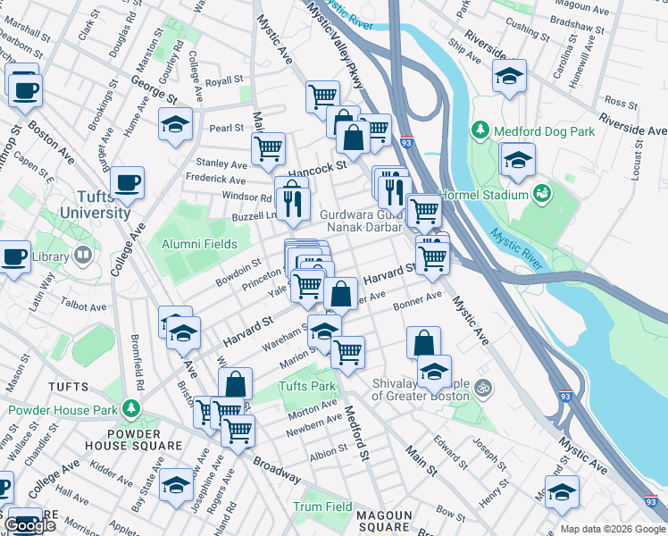 map of restaurants, bars, coffee shops, grocery stores, and more near 19 Golden Avenue in Medford