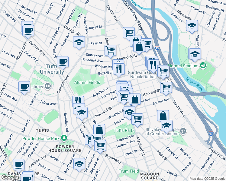 map of restaurants, bars, coffee shops, grocery stores, and more near 9 Princeton Street in Medford