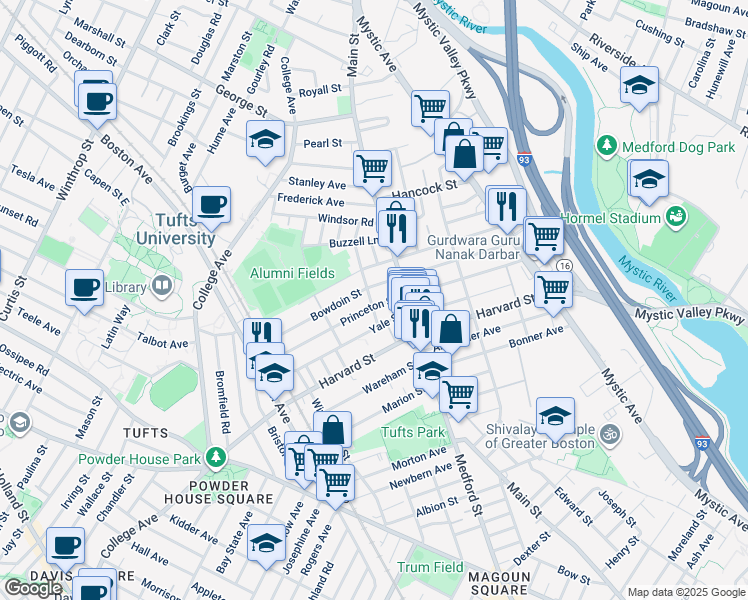 map of restaurants, bars, coffee shops, grocery stores, and more near 43 Bowdoin Street in Medford