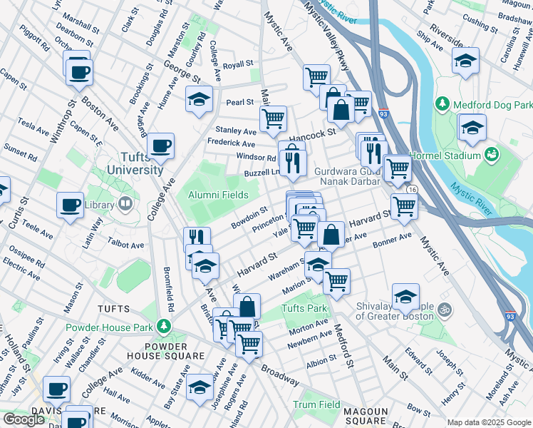 map of restaurants, bars, coffee shops, grocery stores, and more near 43 Bowdoin Street in Medford