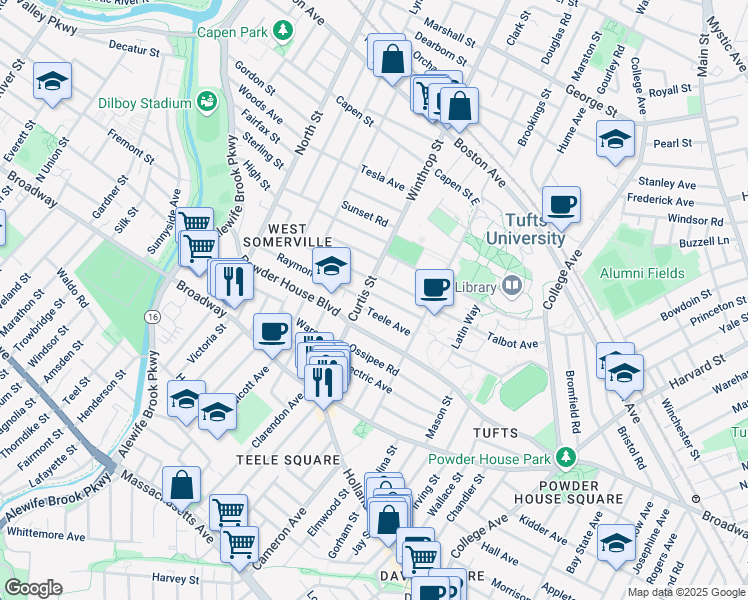map of restaurants, bars, coffee shops, grocery stores, and more near 92 Curtis Street in Somerville