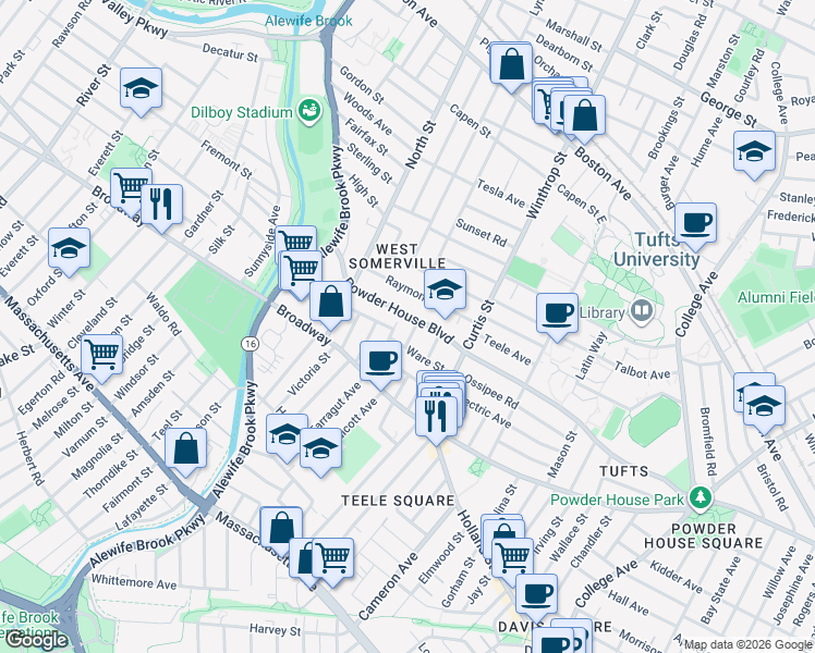 map of restaurants, bars, coffee shops, grocery stores, and more near 210 Powder House Boulevard in Somerville