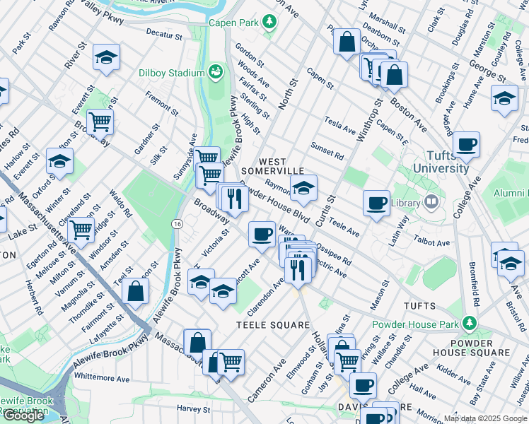 map of restaurants, bars, coffee shops, grocery stores, and more near 210 Powder House Boulevard in Somerville