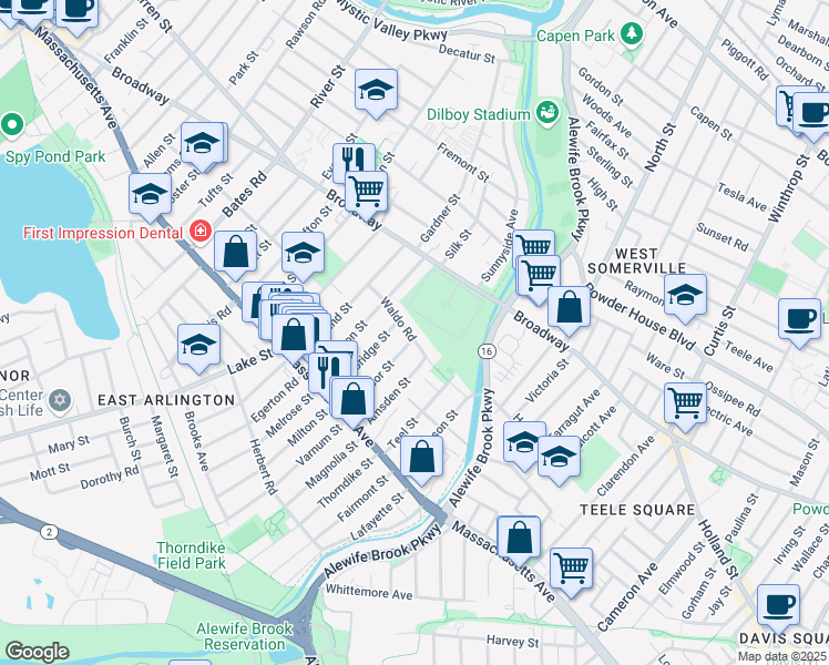map of restaurants, bars, coffee shops, grocery stores, and more near 24 Waldo Road in Arlington