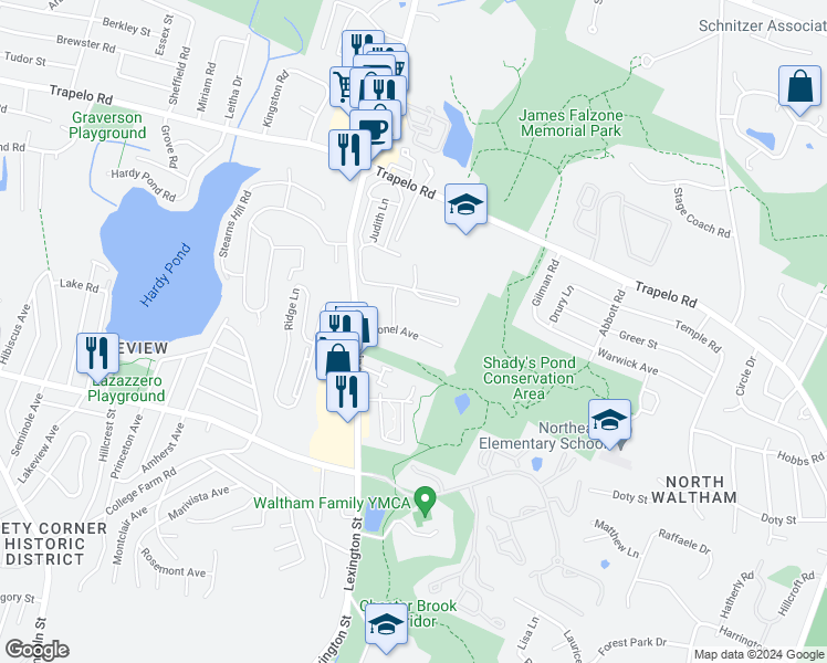 map of restaurants, bars, coffee shops, grocery stores, and more near 42 Lionel Avenue in Waltham