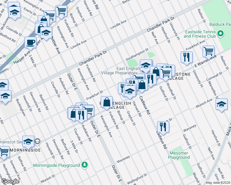 map of restaurants, bars, coffee shops, grocery stores, and more near 5106 Bishop Street in Detroit