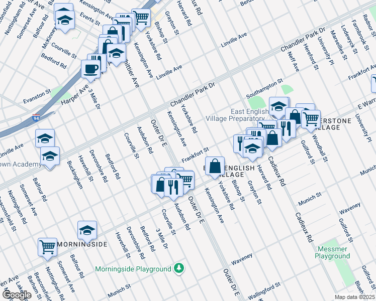 map of restaurants, bars, coffee shops, grocery stores, and more near 5246 Kensington Avenue in Detroit