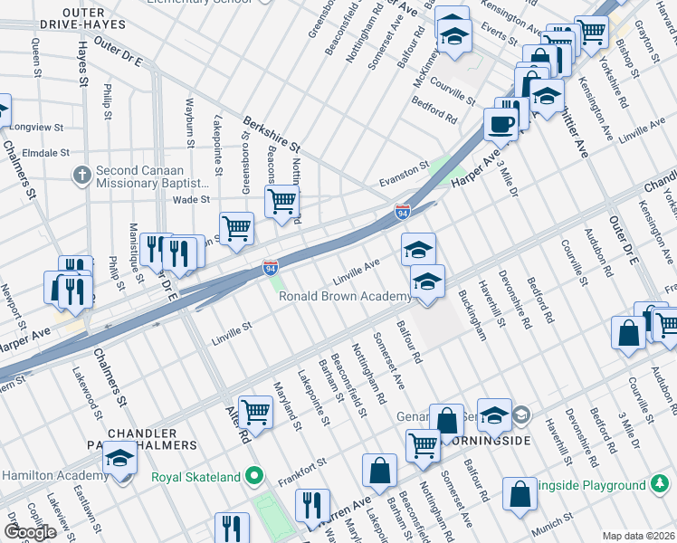 map of restaurants, bars, coffee shops, grocery stores, and more near 5941 Somerset Avenue in Detroit