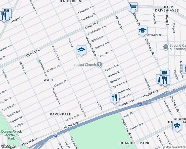 map of restaurants, bars, coffee shops, grocery stores, and more near 12791 Corbett Avenue in Detroit