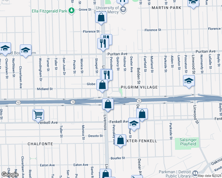 map of restaurants, bars, coffee shops, grocery stores, and more near 15708 Petoskey Avenue in Detroit