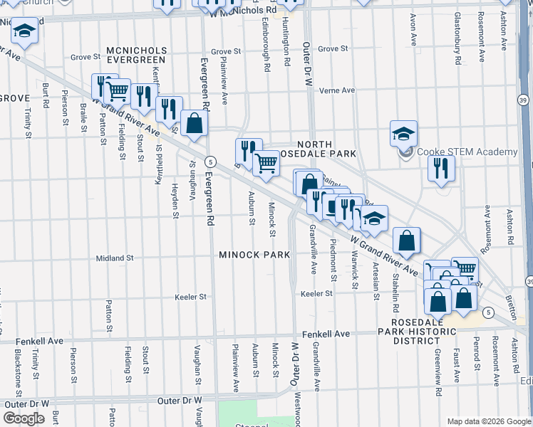 map of restaurants, bars, coffee shops, grocery stores, and more near 15822 Auburn Street in Detroit