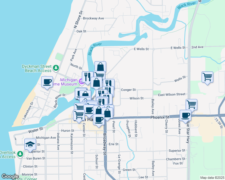 map of restaurants, bars, coffee shops, grocery stores, and more near 641 Conger Street in South Haven