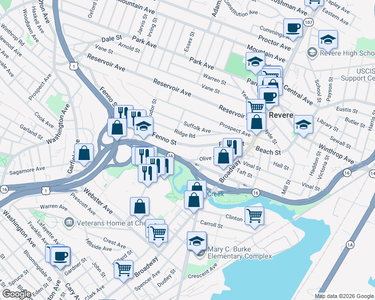 map of restaurants, bars, coffee shops, grocery stores, and more near 166 Fenno Street in Revere