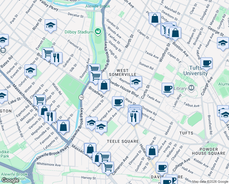 map of restaurants, bars, coffee shops, grocery stores, and more near 35 Barton Street in Somerville