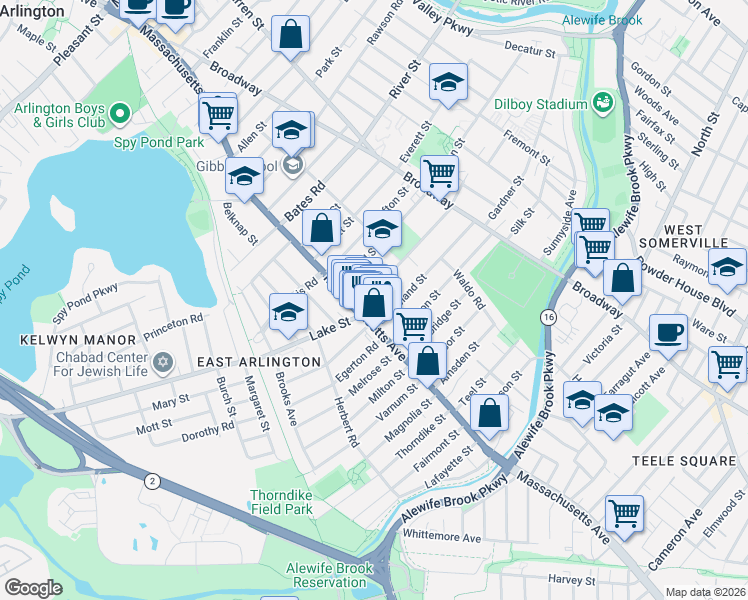 map of restaurants, bars, coffee shops, grocery stores, and more near 20 Winter Street in Arlington