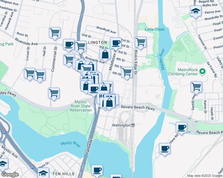 map of restaurants, bars, coffee shops, grocery stores, and more near 8 9th Street in Medford