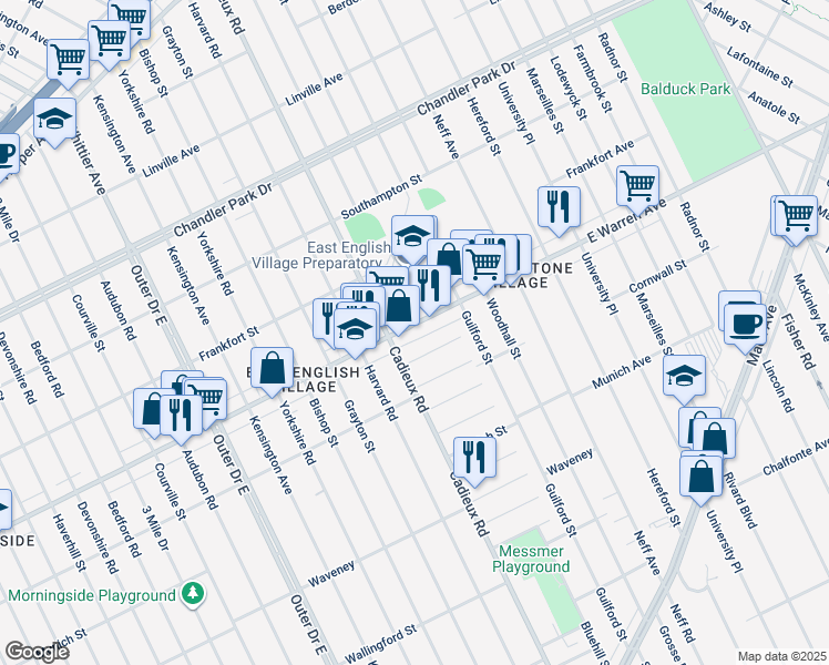map of restaurants, bars, coffee shops, grocery stores, and more near 17155 East Warren Avenue in Detroit