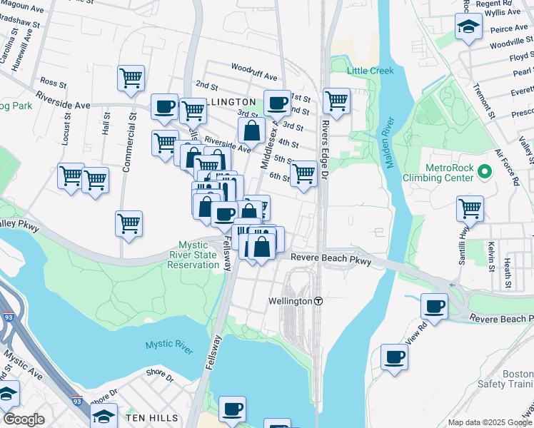 map of restaurants, bars, coffee shops, grocery stores, and more near 135 Middlesex Avenue in Medford