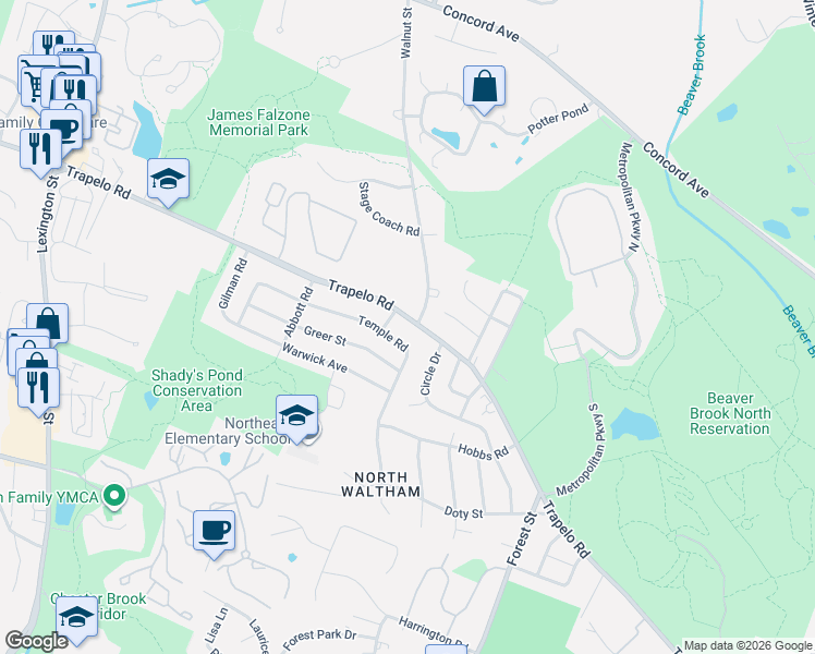 map of restaurants, bars, coffee shops, grocery stores, and more near 706 Trapelo Road in Waltham