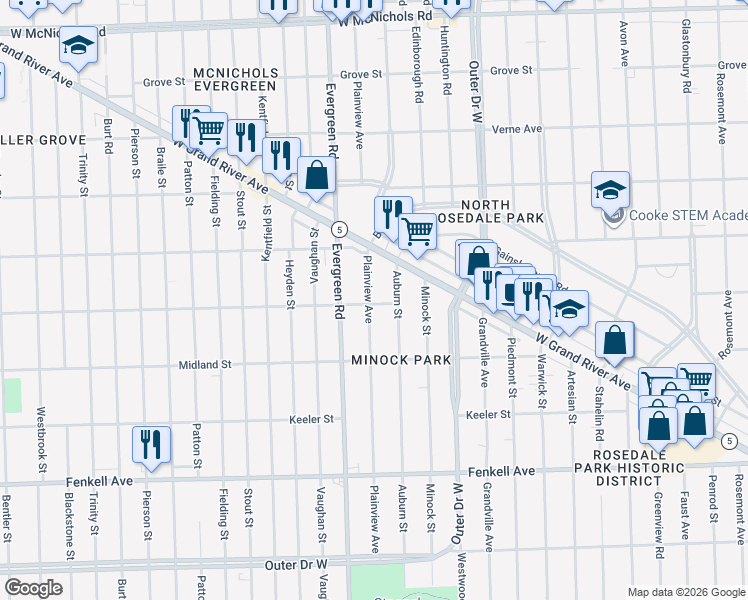 map of restaurants, bars, coffee shops, grocery stores, and more near 15800 Plainview Avenue in Detroit