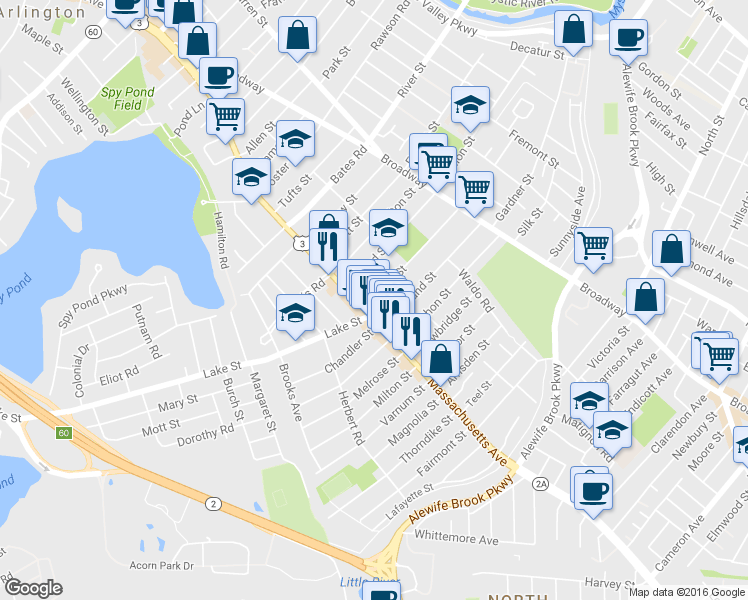 map of restaurants, bars, coffee shops, grocery stores, and more near 7 Winter Street in Arlington