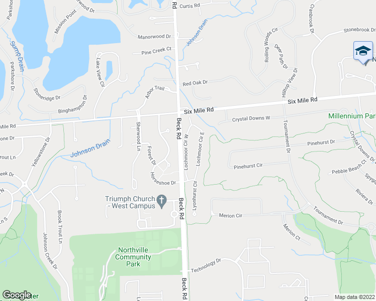 map of restaurants, bars, coffee shops, grocery stores, and more near 16854 Lochmoor Circle West in Northville