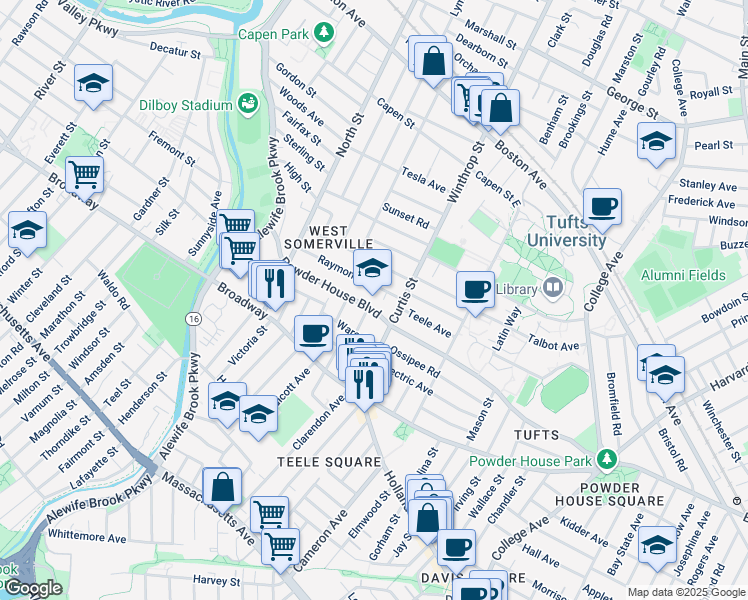 map of restaurants, bars, coffee shops, grocery stores, and more near 177 Powder House Boulevard in Somerville