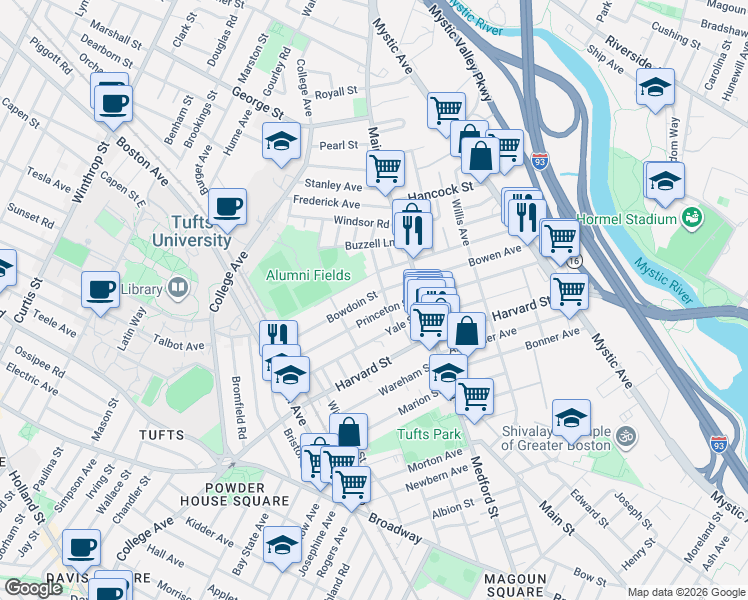 map of restaurants, bars, coffee shops, grocery stores, and more near 43 Bowdoin Street in Medford