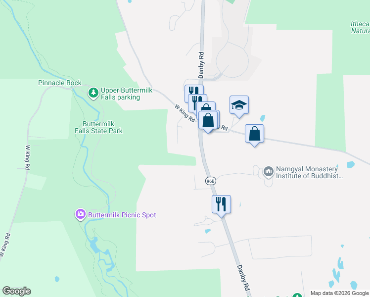 map of restaurants, bars, coffee shops, grocery stores, and more near 133 Holly Creek Lane in Ithaca