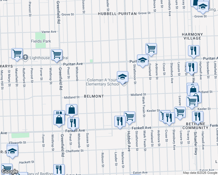 map of restaurants, bars, coffee shops, grocery stores, and more near 15739 Lauder Street in Detroit