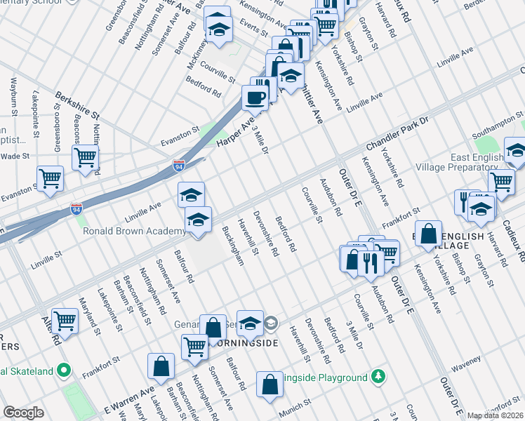 map of restaurants, bars, coffee shops, grocery stores, and more near 5601 Bedford Street in Detroit