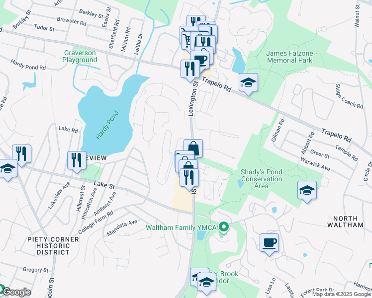 map of restaurants, bars, coffee shops, grocery stores, and more near 900 Lexington Street in Waltham