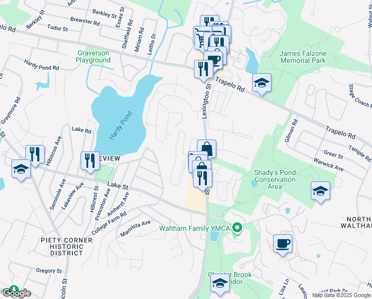 map of restaurants, bars, coffee shops, grocery stores, and more near 55 Ridge Lane in Waltham