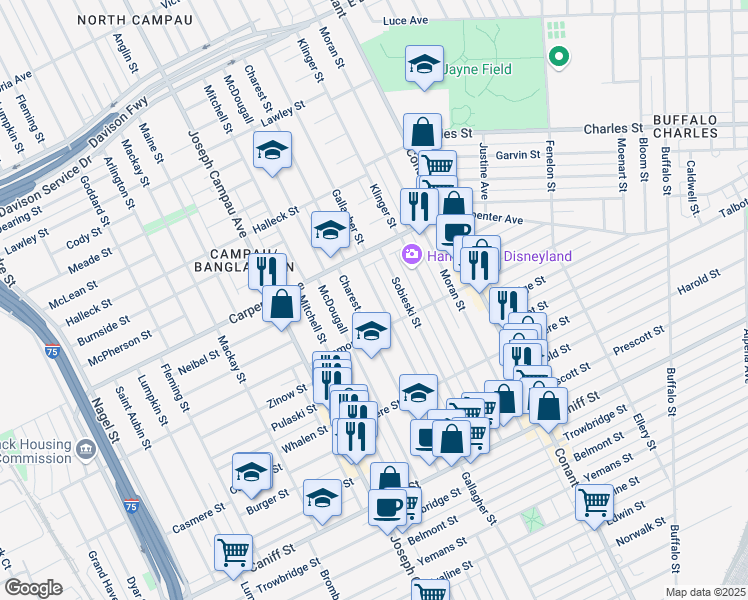 map of restaurants, bars, coffee shops, grocery stores, and more near 12063 Gallagher Street in Hamtramck